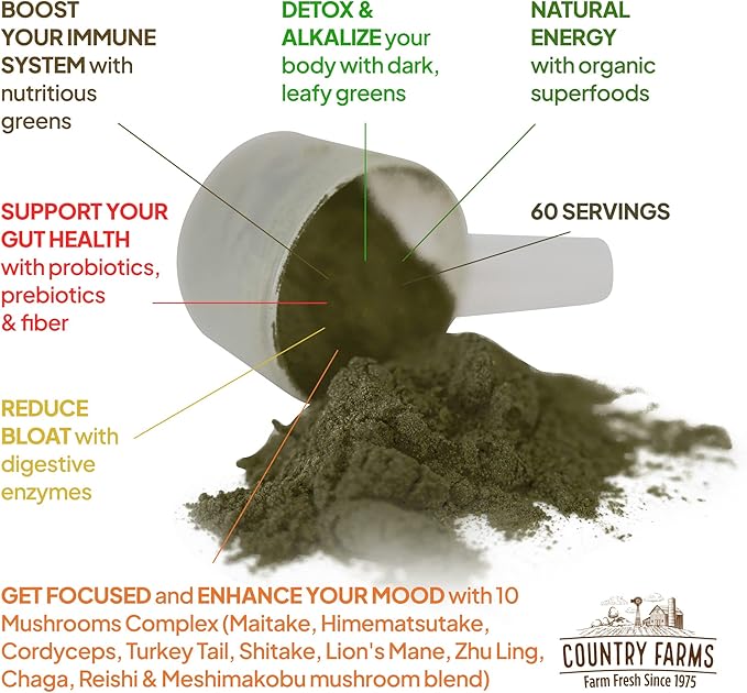 COUNTRY FARMS Super Greens Natural Flavor, 50 Organic 60 Servings, 900g