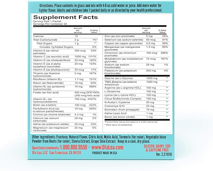 Ola Loa Energy Tropical Multi Vitamin Drink Mix - Amino Energy Powder, Gluten Free, Detox, Dairy Free, Caffeine Free - Drink Your Vitamins for The Rigors of Daily Life - 30 Packets (8.25oz)