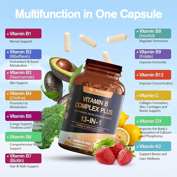 13-in-1 Vitamin B Complex Plus B1, B2, B2, B3 B3 (Niacinamide), B4, B5, B5, B6, B6, B7 B7 (Biotin), B8 (Inositol), B9 (Folate), B12, C, D3, K2 K2 - 120 Vegan