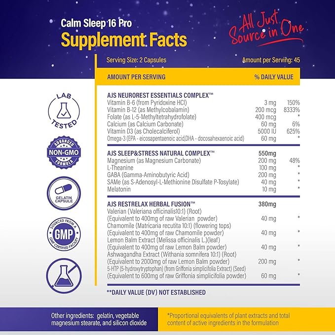 AJS Calm Mood Support B6 B12, B12, Magnesium,5-HTP, Magnesium,5-HTP, Ashwagandha, L-5-MTHF, Huperzine 90CT