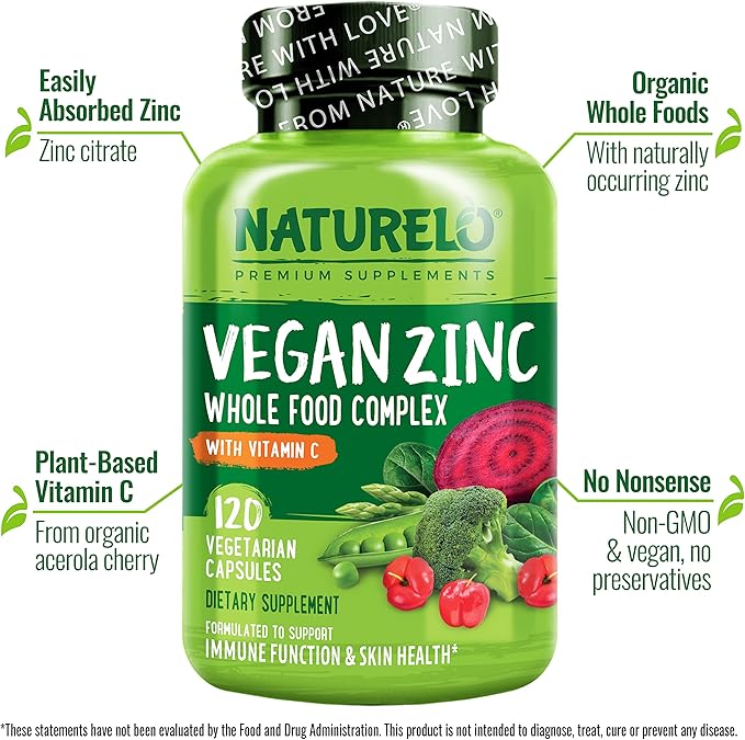 NATURELO Vegan Zinc Immune Support Capsules 120 Capsules (2 Pack)