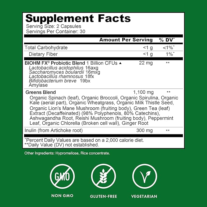 BIOHM Microbiome Super Greens Veggiecaps 11 Green 2 Nootropic 60 count (30 Servings)