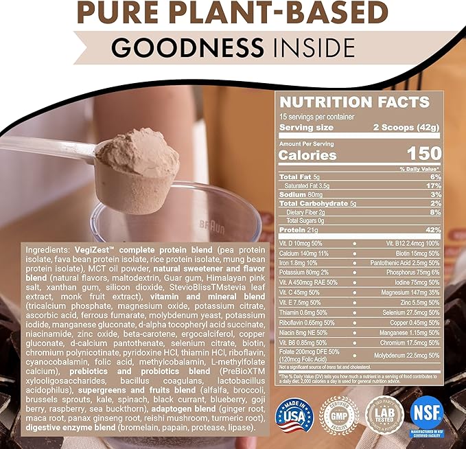 UpNourish Chocolate Vegan Protein Powder, Meal 15 Servings