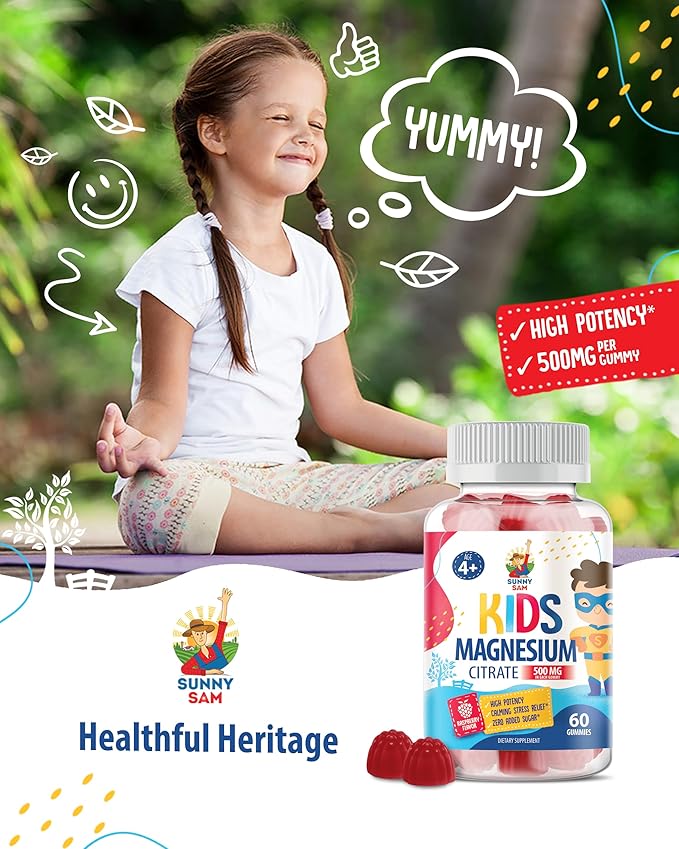 Sugar-Free Magnesium Gummies for Kids & Teens - 500mg Calm Magnesium Citrate Gummies - Chewable Magnesium Gummy Supplement for Sleep, Mood & Muscle Suppor