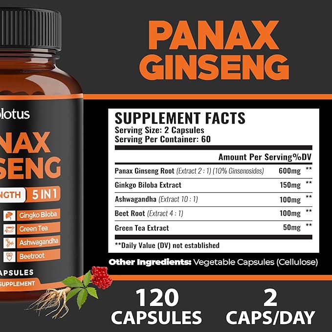 Zolotus Korean Red Panax Ginseng + Ginkgo Biloba, Ashwagandha, Beetroot, Green Tea - Support Strength, Stamina, Energy Production & Mood Balance - 120 Capsules