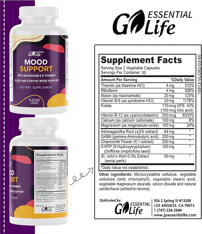 Mood Support Supplement 5-HTP, Vitamin B6-B12, and 60 Capsules