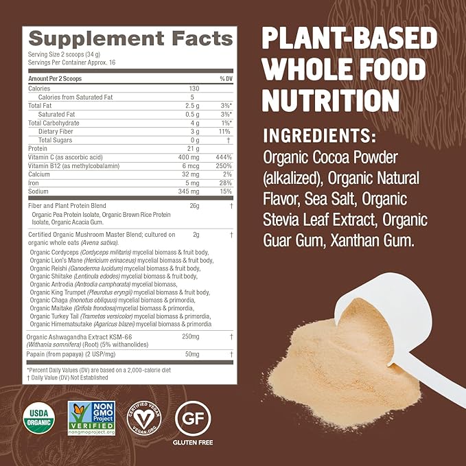 OM MUSHROOM SUPERFOOD Master Blend Plant-Based Protein Powder, 19.26 Ounce, 16 Servings, Creamy Chocolate Protein with 10 Mushroom Complex, Lions Mane, Adaptogens for Optimal Health and Recovery