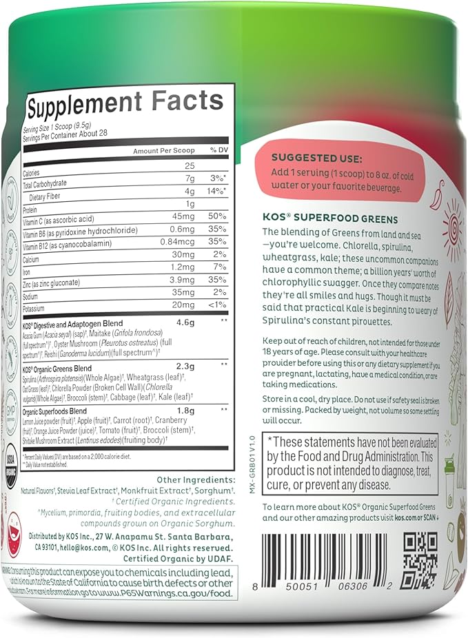 KOS Organic Superfood Greens Powder 28 Servings