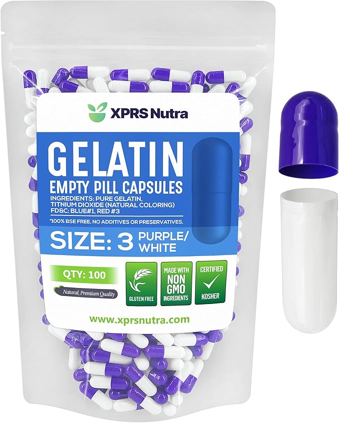 XPRS Nutra Size 3 Empty Capsules - 100 Count Empty Gelatin Capsules - Empty Pill Capsules - DIY Capsule Filling - Pure Bovine Pill Capsules Empty Gel Caps (Purple/White)