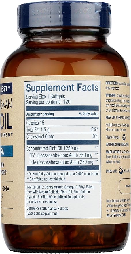 Wiley's Finest Wild Alaskan Fish Oil Peak EPA - Triple Strength Peak EPA and DHA - 1000mg Omega-3s, SQF-Certified - 120 Softgels (120 Servings)