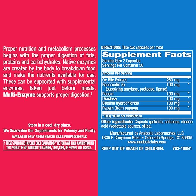 Anabolic Laboratories Multi Enzyme Nutritional Supplements 100 Capsules