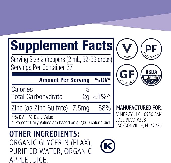 Vimergy Liquid Zinc – Fast-Absorbing Immune Support* – Promotes Healthy Bones & Skin – USDA Certified Organic, Vegan, Non-GMO – 57 Servings (115 mL)