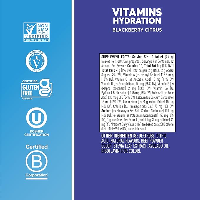 Nuun Hydration Vitamins Electrolyte Tablets + Caffeine, Blackberry Citrus, 5 Essential Electrolytes for Hydration + Vitamin A, B6, C, D, E, with Magnesium, Vegan, Non-GMO, 8 Tubes (96 Servings)