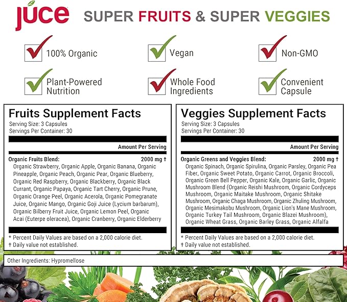 Júce Super Fruits & Super Veggies Capsules 23 Fruits 23 Vegetables 180 Count