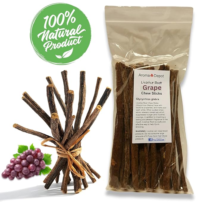 Aroma Depot Grape 4 oz. Flavored Licorice Root Chew Sticks for Humans. 100% Pure Natural | Oral Health & Fresh Bearth | Individual Sticks are 6.5-7 inches long. Glycyrrhiza Glabra From Turkey