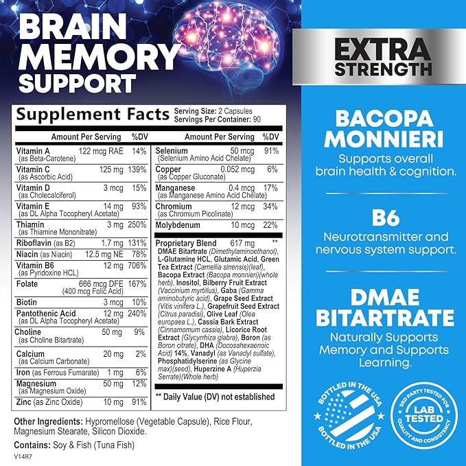 Nootropic Brain Supplements for Memory and Focus - 40 Nootropics & Vitamins to Support Clarity & Concentration, Brain Health Memory Pills with Phosphatidylserine Bacopa Huperzine & DMAE - 180 Capsules