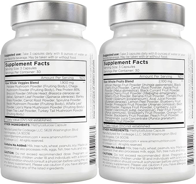 Amen Fruits + Veggies Vitamins Bundle, Raw Whole Food Multivitamin Capsules, Greens Vegetables, Red Fruits & Berries Vegan Blend, Fibers + Phytonutrients Superfood Minerals Supplement, Non-GMO, 180 ct
