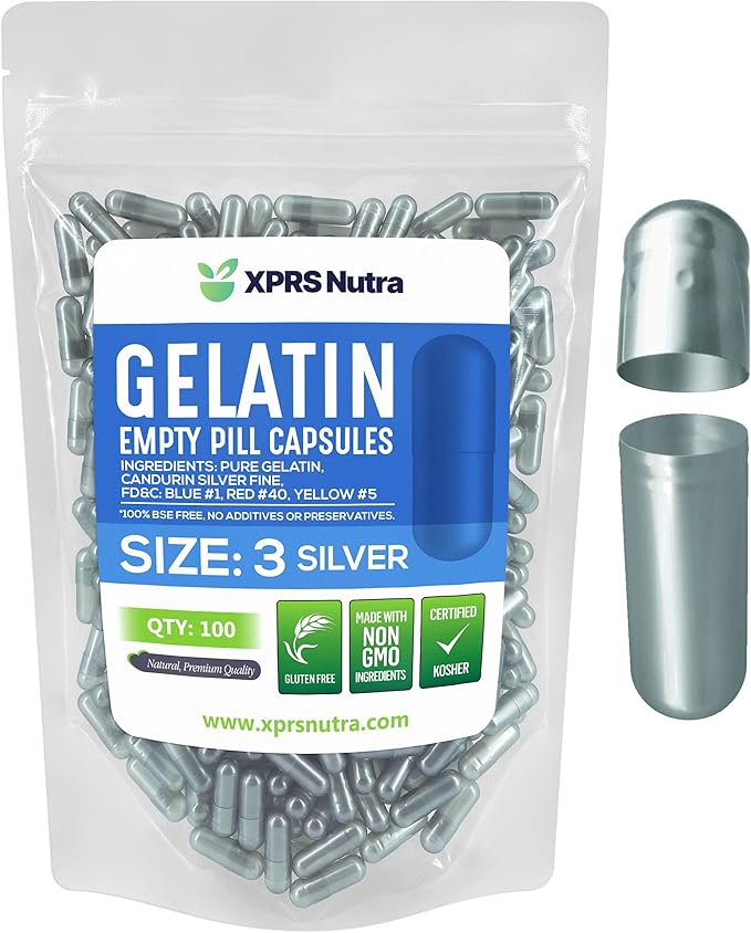XPRS Nutra Size 3 Empty Capsules - 100 Count Empty Gelatin Capsules - Empty Pill Capsules - DIY Capsule Filling - Pure Bovine Pill Capsules Empty Gel Caps (Silver)