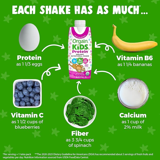 Orgain Organic Kids Nutritional Protein Shake, 8g Dairy 4g Fiber, 22 Vitamins 8.25 Fl 12)