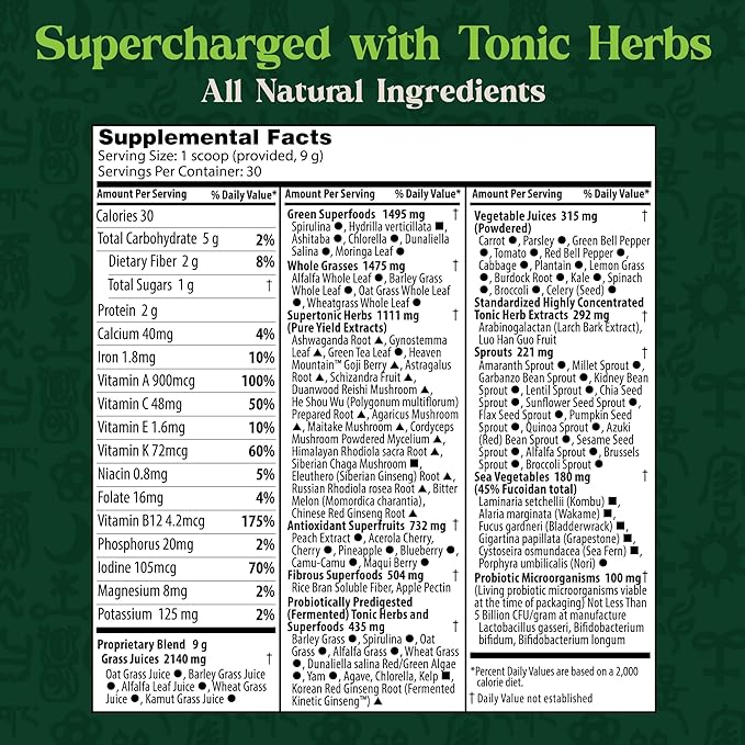 Dragon Herbs Tonic Alchemy Superfood Greens Powder - Single Serve Packet - 91 Ingredients: Tonic Herbs, Ashwagandha, Mushrooms, Prebiotics, Probiotics, Super Greens, Seaweeds, Fruits, Spirulina