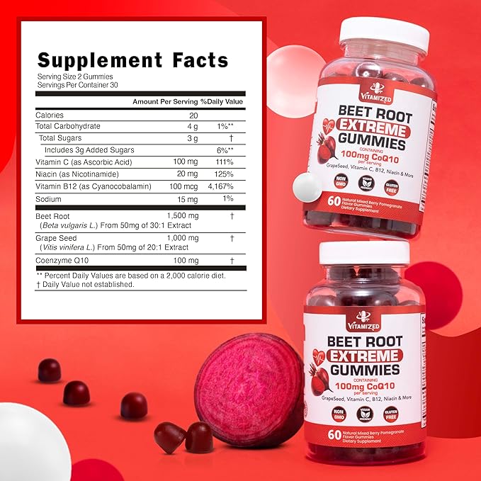 Extreme Beetroot Formula & COQ10 100mg with Grape Seed Extract, for Circulation Energy & Flow, 1500mg Beet Root Gummies Extract Gluten Free 60