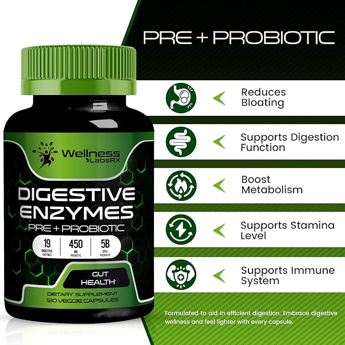 Digestive Enzymes with Probiotics and Prebiotics 450mg - 5 Billion 120 Capsules, 2 Packs