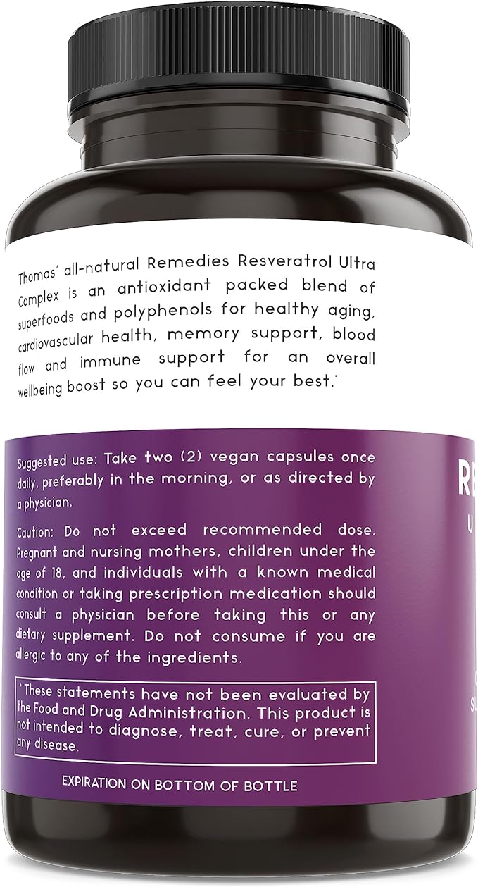 Thomas' all-natural Remedies Resveratrol 1600mg Organic Trans-Resveratrol Antioxidant Supplement with Organic Grape Seed Extract and Quercetin- Anti-Aging and Cardiovascular Support- 120 Capsules
