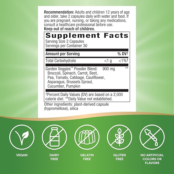 Nature's Way Daily Garden Veggies, Veggie 900mg per 2-Capsule Serving, 60 Capsules