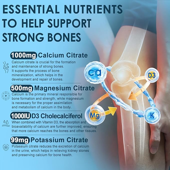 Calcium Citrate 1000mg, Calcium Gummies with Calcium & Magnesium 2:1 Ratio, Plus Vitamin D3, Zinc, B6 & Potassium – High Absorbable Calcium Chewable, Bone & Muscle Support, Vegan, Sugar-Free, 120Cts