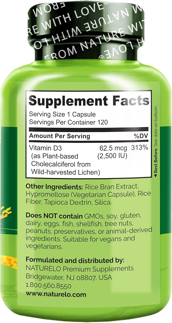 NATURELO Vitamin D 2500 IU D3 Supplement 120 Capsules