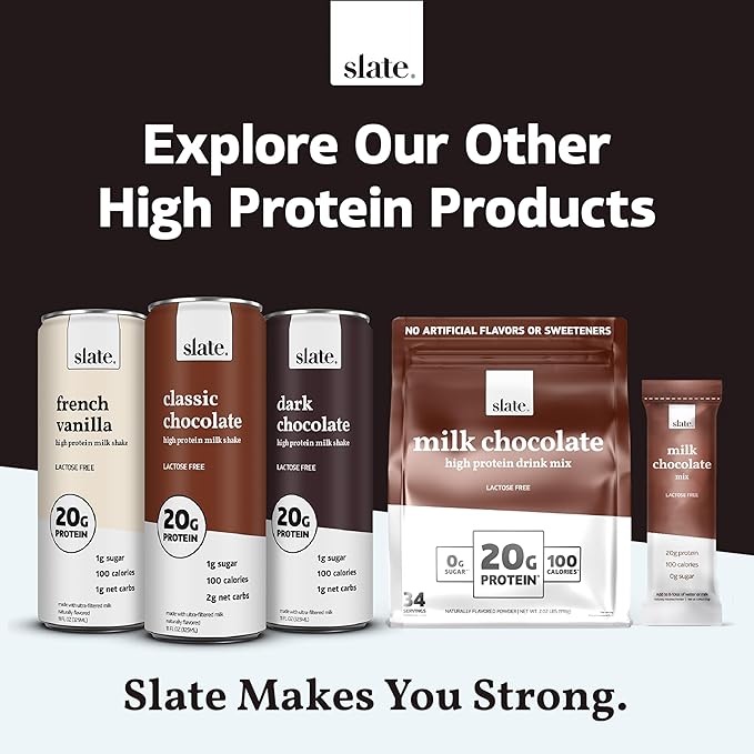 Slate Milk - High Protein Iced Coffee - Vanilla Latte - 175mg Caffeine, Lactose Free Energy - 20g Protein, 1g Sugar, 100 Calories, 1g Net Carbs, No Sugar Added - Protein Coffee - 11 fl oz, 48 Cans