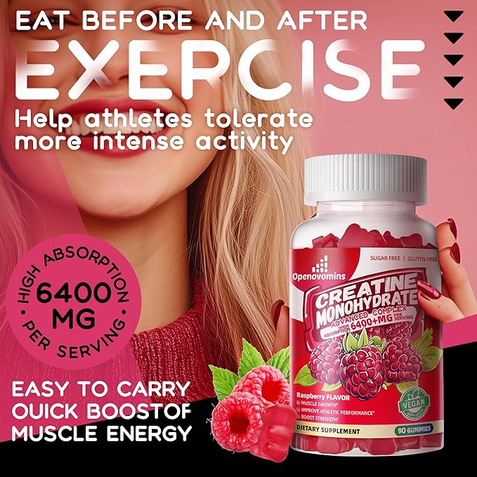 Creatine Monohydrate Gummies Complex 6400mg for Men & Women -Advanced Formula W/L-Taurine + Vitamin B12, Sugar Free Chewable Supplement,180 Raspberry Gummies 2pack