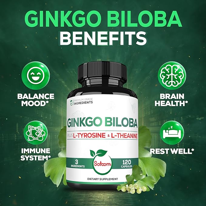 1000mg Ginkgo Biloba Supplements with L-Tyrosine, L-Theanine 120 Capsules 2-Month Supply