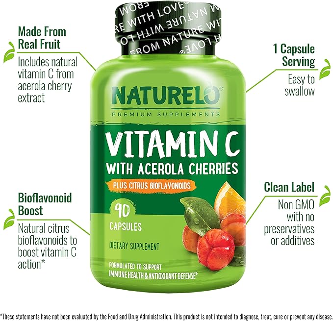 NATURELO Vitamin C with Organic Acerola 500 mg 180 Capsules