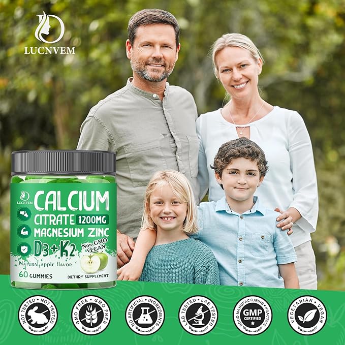 Calcium Citrate 1200 mg with Vitamin D3 Gummies, Calcium Citrate Magnesium Zinc with Vitamin D3 Supplement for Women & Men Bone & Teeth Support, Natural Apple Flavor - 30 Day Vegan Supply