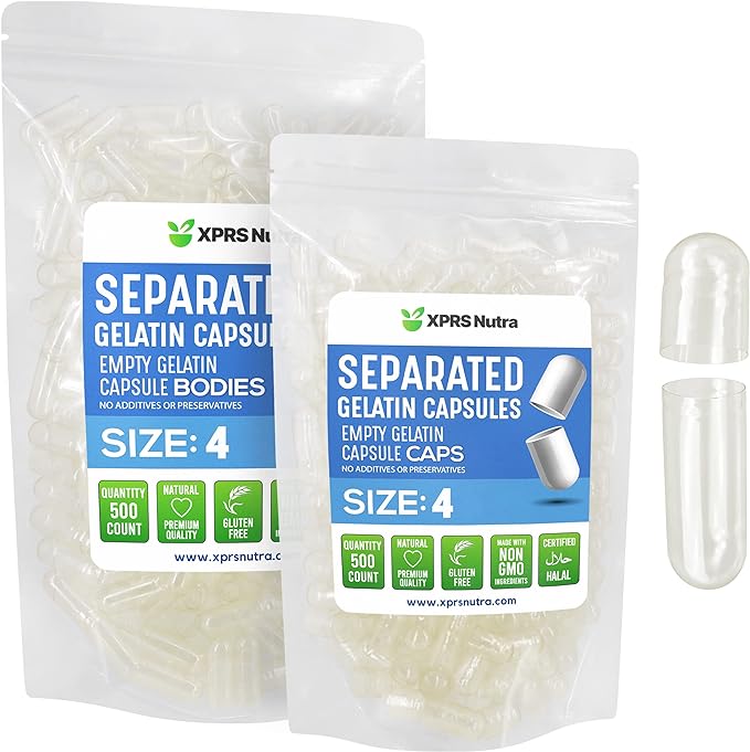 XPRS Nutra Gelatin Size 4 Separated Capsules - 500 Count Small Empty Capsules Separated in Bags - Clear Empty Pill Capsules - Size 4 Gel Capsules Empty- Pill Capsules Empty for DIY Supplement Filling