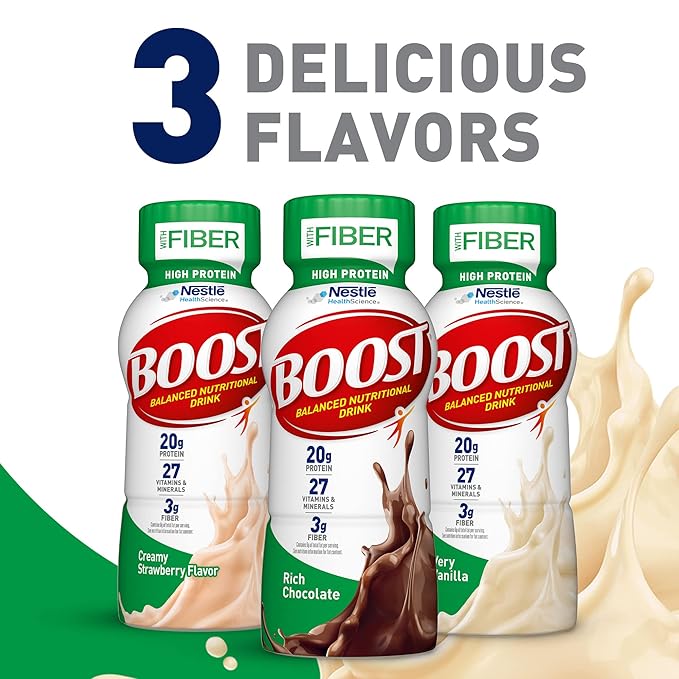BOOST High Protein with Fiber Ready to Drink Complete Nutritional Drink, Very Vanilla, 8 fl oz Bottle, 24 Pack
