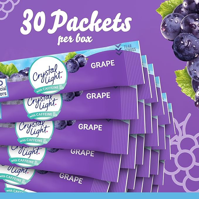 Crystal Light Grape Naturally Flavored Powdered Drink Mix with Caffeine, 120 ct Pack, 4 Boxes of 30 On-the-Go Packets