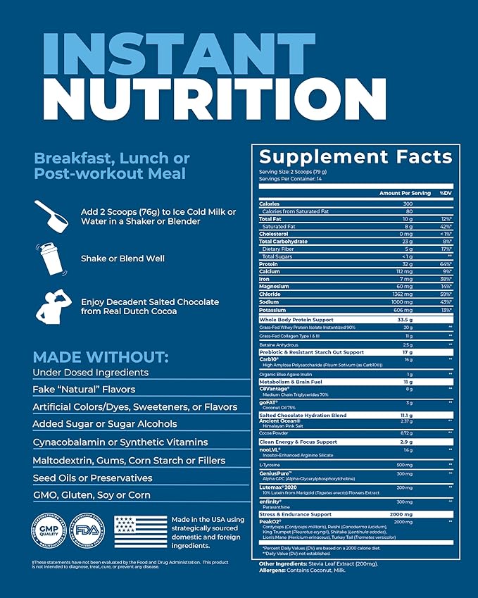 Meal Replacement Shake Powder, Grass Fed Whey Protein Isolate & Collagen, Prebiotics Gut Health, Electrolytes, Organic Mushrooms, Breakfast, Lunch, Post-Workout (4 Meal Travel Packs, Salted Chocolate)