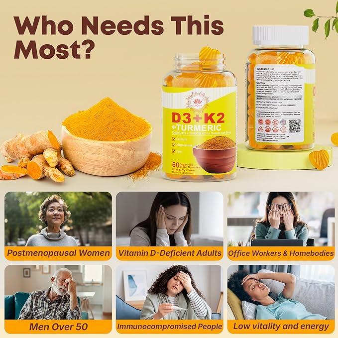 Vitamin D3 K2 Gummies & Turmeric for Women & Men, Vitamin D3 5000IU / 10000IU, K2 (MK-7) 200mcg Supplements with Turmeric 1200mg, Calcium, Magnesium, Zinc, Supports Bone, Teeth, Energy & Immune, 2PACK