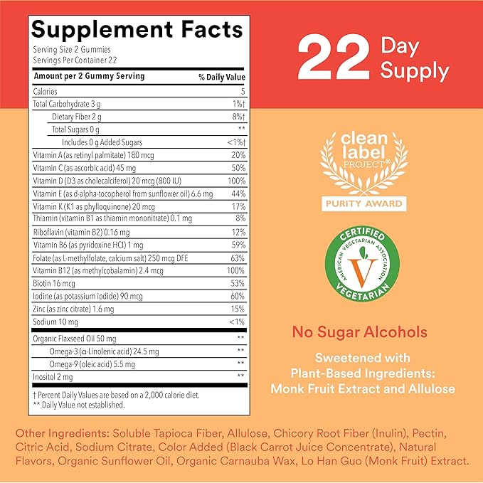 SmartyPants Kids Multivitamin Gummies, Sugar Free: 3 (ALA), D3, C, B12, B6, B6, Vitamin 44 Count (22 Day
