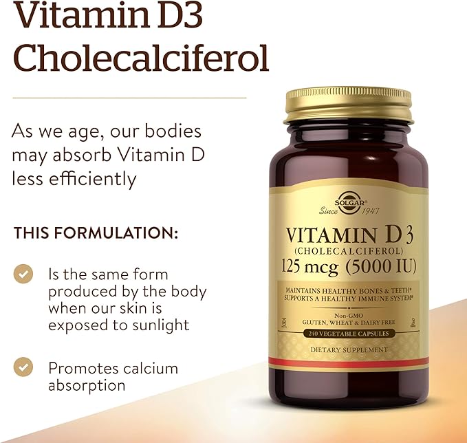 Solgar Vitamin D3 (Cholecalciferol) 125 mcg (5000 IU), 240 Vegetable 240 Servings