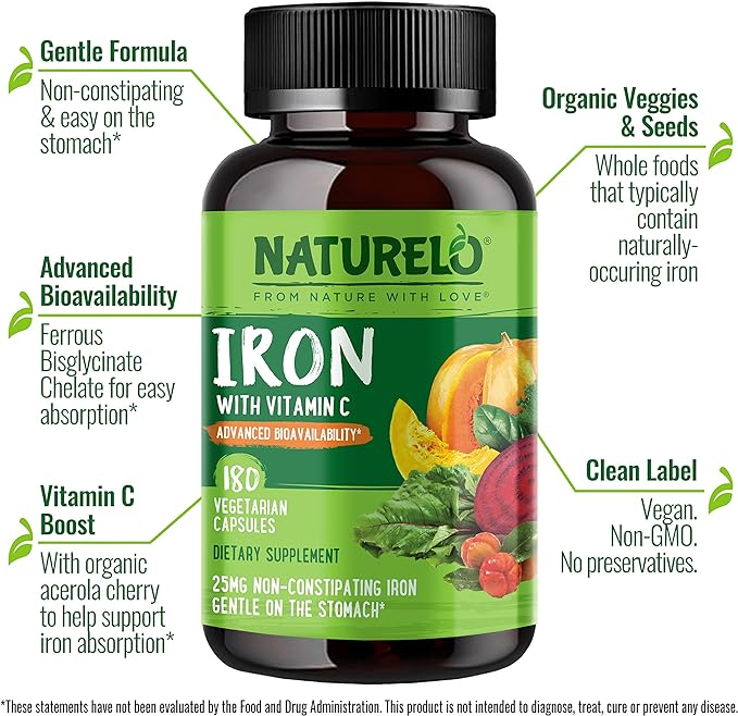 NATURELO Vegan Iron Supplement with Vitamin 180 Mini