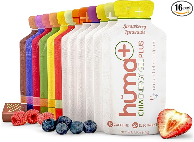 Huma Plus (Double Electrolytes) - Chia Energy Gel, Variety Pack - Stomach Friendly, Real Food Energy Gels (16 Original and 8 Plus Gels)