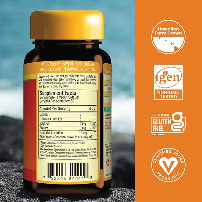 Nutrex Hawaii Vegan BioAstin Hawaiian Astaxanthin 12mg, 50 50 Softgels