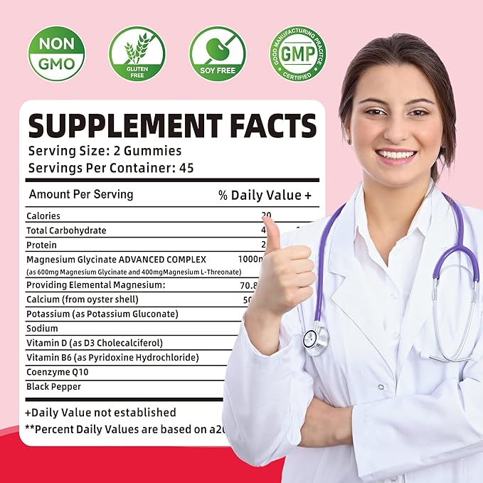 90 CT Magnesium Glycinate Gummies 1000mg B6, CoQ10 CoQ10 for 90 Raspberry