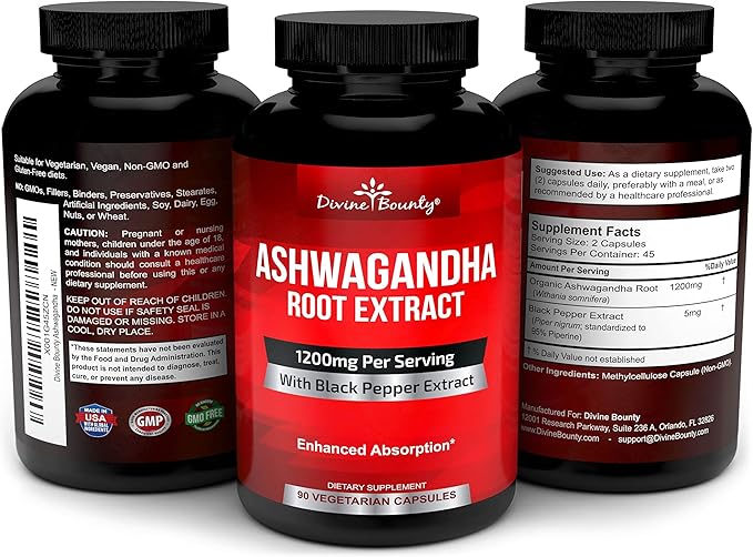 Divine Bounty Organic Ashwagandha Capsules 1200mg Ashwagandha 90 Veggie