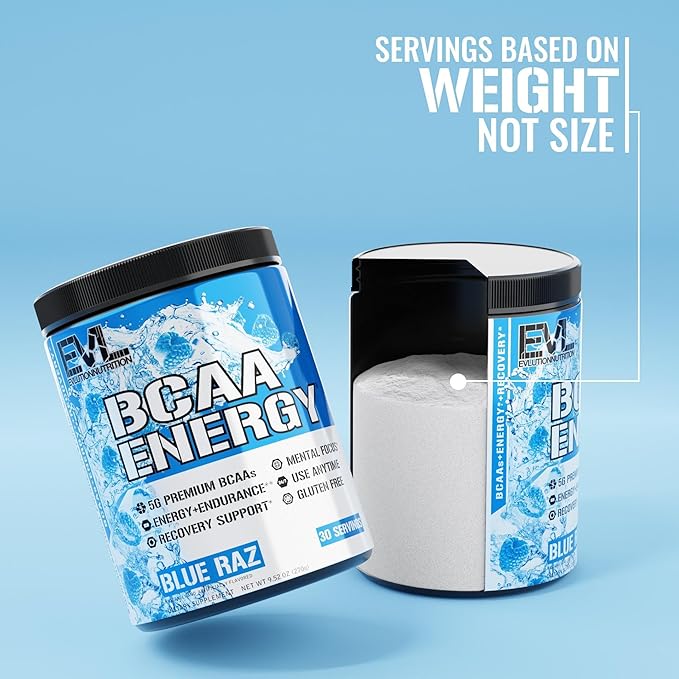EVL BCAAs Amino Acids Powder - BCAA Energy Pre Workout Powder for Muscle Recovery Lean Growth and Endurance - Rehydrating BCAA Powder Post Workout Recovery Drink with Natural Caffeine - Blue Raz