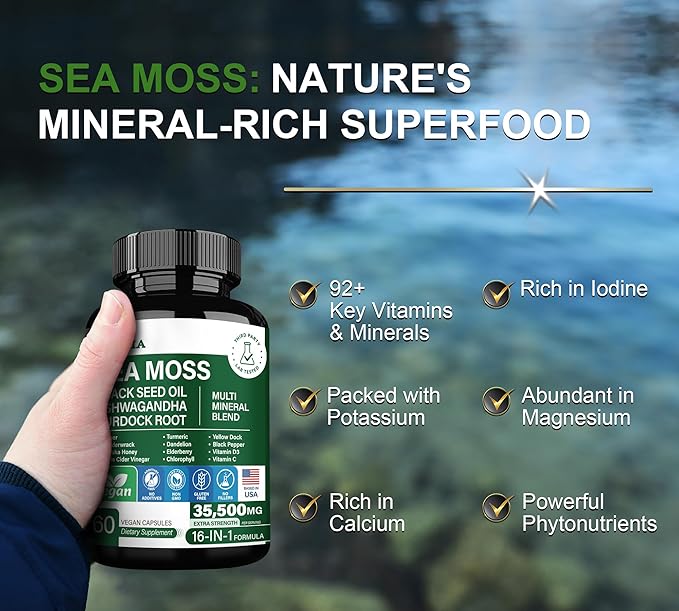 16-in-1 Organic Sea Moss 17500mg Ashwagandha 5000mg Black 4000mg Turmeric 5000mg Bladderwrack D3 with