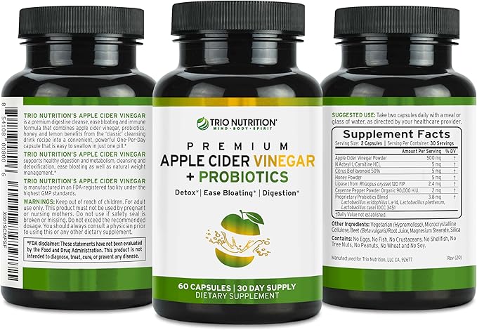 TRIO NUTRITION Apple Cider Vinegar Capsules with Multi-Strain Probiotics - Natural Sugar Free ACV Capsules with The Mother for Gut Health, Immunity, Body Cleanse & Healthy pH*